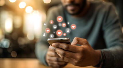Unrecognizable man interacting with smartphone, receiving numerous like and follower notifications, illustrating concepts of social media popularity, digital communication, and online engagement