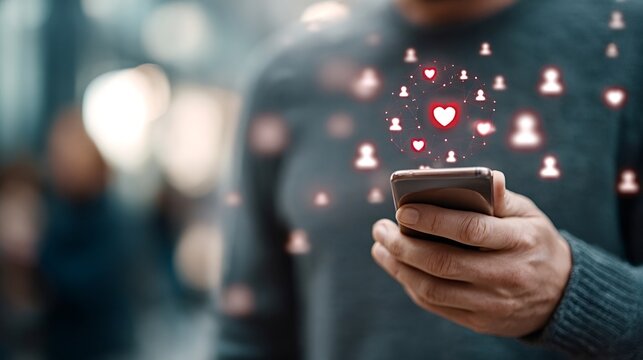 Person holding a smartphone, interacting with a dating app, seeing a network of heart and user icons appearing above the device screen, representing online connection and romance