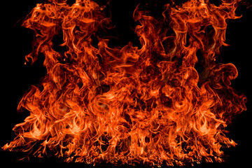Fire flames on black background. Fire burn flame isolated, abstract texture. Flaming effect with...
