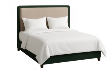 Comfortable bed with white bedding, pillows, dark green upholstered frame and beige headboard