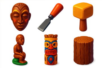 African Wood Carving Icons. 3D icon set of African wood carving tools: carved tribal mask, hand chisel, mallet, polished wooden