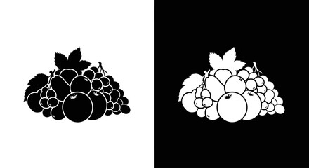A black and white graphic illustration of a mixed bunch of fresh grapes and assorted berries with leaves.