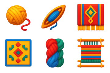 Peruvian Textile Icons. 3D icon set of Peruvian textile weaving: alpaca wool yarn, wooden shuttle, handwoven cloth panel, pattern