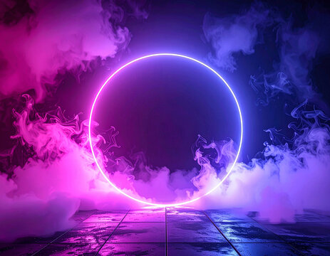 Futuristic neon portal glowing in misty smoke, vibrant pink and blue cyberpunk atmosphere, digital sci-fi background, ultra realistic AI-generated artwork