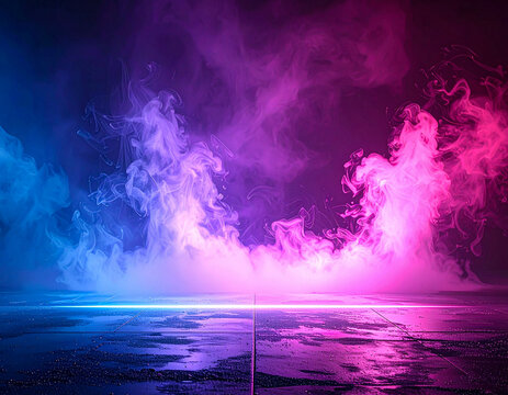 Fototapeta Vibrant neon smoke cloud background with pink and blue lighting, futuristic digital art scene, abstract cyberpunk atmosphere, ultra realistic AI-generated design
