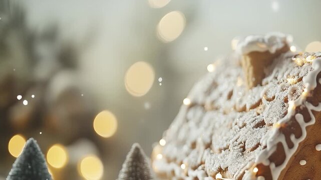 A beautifully crafted gingerbread house is adorned with white icing and surrounded by miniature evergreen trees. The gingerbread house captures a cozy holiday spirit, enhanced by g