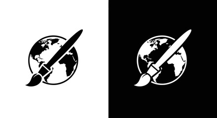 A monochromatic icon of a paintbrush over planet Earth, symbolizing global art, creativity, and design worldwide.