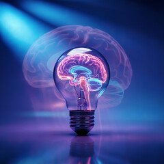 3D neon pink blue lightbulb filled with glowing brain against blurred brain backdrop spotlight beams on violet blue gradient surface innovative thinking digital genius visualization cyber art render.
