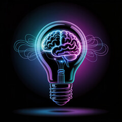 Radiant neon lightbulb encasing intricate brain with energy wings turquoise magenta glows on ebony backdrop genius inspiration metaphor digital creativity symbol futuristic vector emblem.