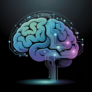 Glowing brain circuit overlay teal purple neural pathways digital intelligence icon futuristic mind tech vector graphic dark gradient base.