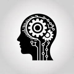 Bold monochrome vector head profile pcb networks interlocking cogs brain hemisphere ai integration symbol flat design tech emblem illustration