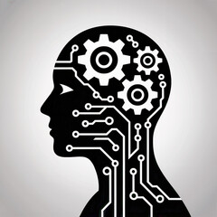 Minimalist black silhouette profile head circuit board lines multiple gears brain symbol icon for mechanical thinking engineering logo design