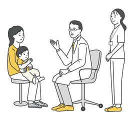 患者を診察する医者と看護師のシンプルイラスト素材