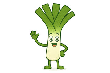 Leek cartoon character greeting with a smile, showing off a positive and friendly vegetable mascot, transparent background