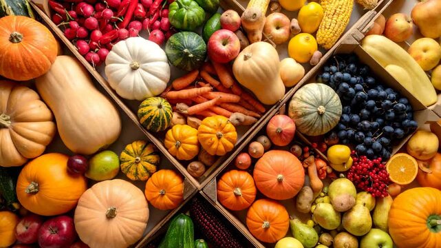 Abundant harvest of autumn gourds, vegetables, and fruits displayed in wooden crates, offering a colorful variety