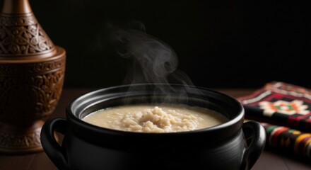 Creamy Bahraini Harees &ndash; Slow-Cooked Wheat & Chicken Porridge in Black Clay Pot, Mihbash Mortar & Sadou Textile in Moody Pre-Dawn Light