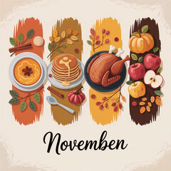 Hand drawn flat lay november harvest dinner vector graphic showing turkey soup pancakes apples pumpkins cinnamon for cozy fall seasonal poster background.