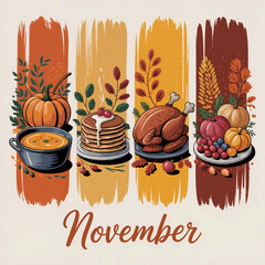 Vibrant watercolor autumn harvest feast vector illustration with roasted turkey pumpkins pancakes soup wheat berries for Thanksgiving November calendar banner design.
