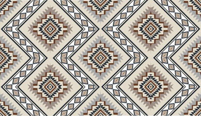 Seamless geometric ethnic pattern inspired by Native American tribal fabric. Traditional Aztec and Navajo style carpet and tile vector design on navy blue background. Perfect for textile, wrapping,