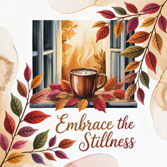 Warm Brown Mug Overflowing Steam Nestled among Scarlet Fall Leaves on Windowsill with Backlit Trees Outside and Embrace the Stillness Handwritten Typography Watercolor Painting
