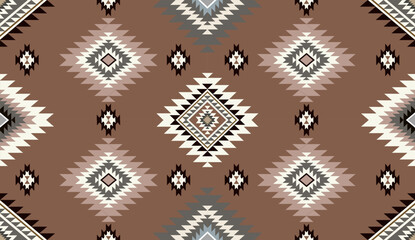 Seamless geometric ethnic pattern inspired by Native American tribal fabric. Traditional Aztec and Navajo style carpet and tile vector design on navy blue background. Perfect for textile, wrapping,