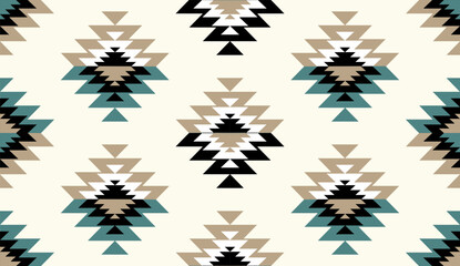 Seamless geometric ethnic pattern inspired by Native American tribal fabric. Traditional Aztec and Navajo style carpet and tile vector design on navy blue background. Perfect for textile, wrapping,