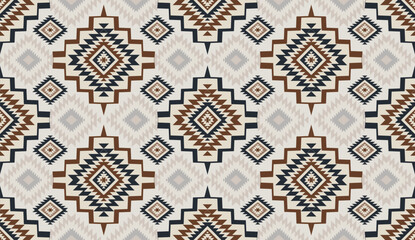 Seamless geometric ethnic pattern inspired by Native American tribal fabric. Traditional Aztec and Navajo style carpet and tile vector design on navy blue background. Perfect for textile, wrapping,