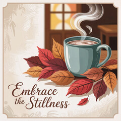 Serene Teal Coffee Mug Emitting Steam beside Vibrant Red Orange Autumn Leaves on Table with Window View and Embrace Stillness Typography in Cozy Interior Illustration