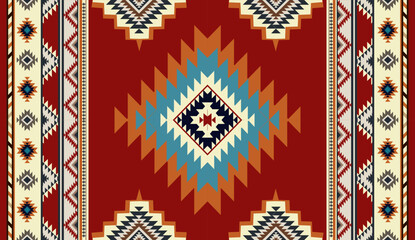 Seamless geometric ethnic pattern inspired by Native American tribal fabric. Traditional Aztec and Navajo style carpet and tile vector design on navy blue background. Perfect for textile, wrapping,