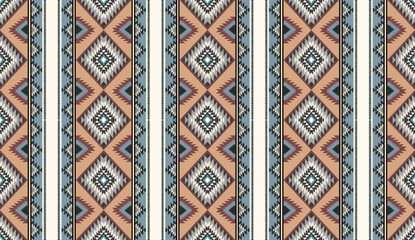 Seamless geometric ethnic pattern inspired by Native American tribal fabric. Traditional Aztec and Navajo style carpet and tile vector design on navy blue background. Perfect for textile, wrapping,