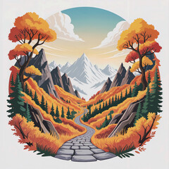 Circular Framed Vibrant Autumn Valley with Curving Cobblestone Road Flanked by Orange Trees Conifers and Towering Peaks under Sunset Sky in Detailed Digital Painting