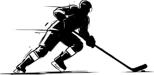 Sketch hockey player hitting puck silhouette
