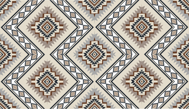 Seamless geometric ethnic pattern inspired by Native American tribal fabric. Traditional Aztec and Navajo style carpet and tile vector design on navy blue background. Perfect for textile, wrapping,