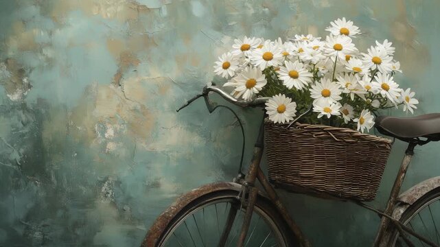 A vintage bicycle with a woven basket holds vibrant white daisies against a textured turquoise background. This bicycle with daisies brings a charming and peaceful vibe to the scen