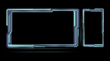 Looping animation of a futuristic cyan and purple frame overlay, perfect for live streaming, gaming, or sci fi interfaces, featuring glowing elements.4K includes transparent alpha channel background - Powered by Adobe