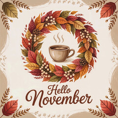 Hello November Autumn Wreath Coffee Cup Pinecones Fall Leaves Watercolor Greeting Card Seasonal Harvest Illustration