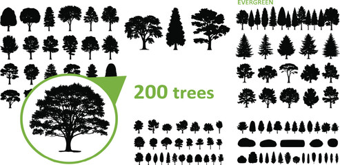 Set of 200 black silhouette trees various shapes and sizes for architectural and landscape design