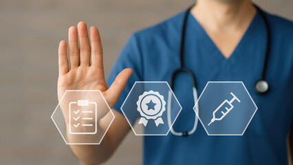 Quality control concept iso standards compliance and medical safety badge and checklist overlay on healthcare professional hand gesture expressing trust and careful prevention