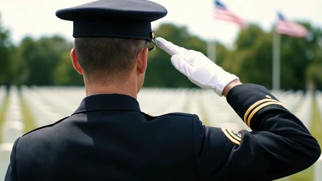 A soldier in a military uniform saluting at a national cemetery to honor the fallen heroes on Memorial Day - Powered by Adobe