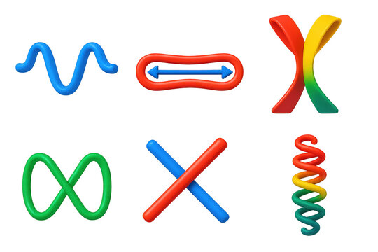 Cosmic String Theory Icons. 3D icon set of cosmic string theories: linear void filament, tension force diagram, split universe