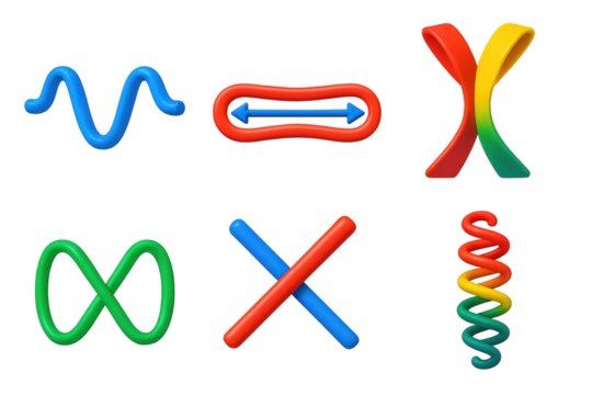 Cosmic String Theory Icons. 3D icon set of cosmic string theories: linear void filament, tension force diagram, split universe