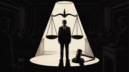 Dramatic Courtroom Illustration with Man in Suit Under Scales of Justice, Spotlight, and Gavel Symbolizing Legal Judgment