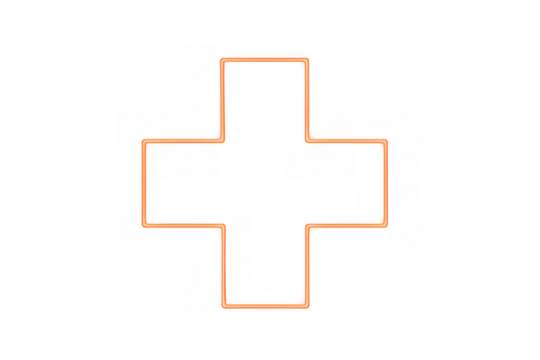 Orange neon plus sign glowing, representing medical, health, pharmacy, first aid, emergency, hospital and care