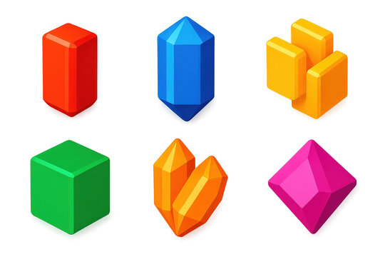 Colorful Crystal Icons. 3D icon set of symmetrical crystal habits: tetragonal zircon prism, hexagonal beryl shape, orthorhombic