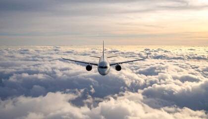 A commercial airliner cruises over a sea of fluffy clouds during a daytime journey