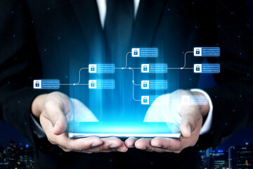 Blockchain structure showing distributed data blocks linked with encryption, representing secure transaction verification, decentralized control, and immutable record system Vouch