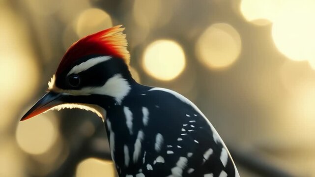 The striking woodpecker with a vibrant red crest stands still, showcasing its colorful feathers in the warm evening light. This woodpecker observes its surroundings with keen inter