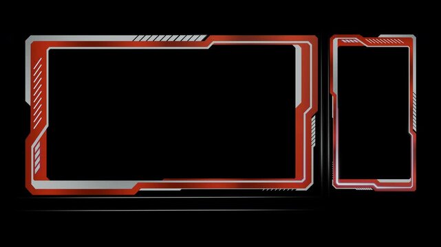 Red and silver animated frame overlay for live streaming, gaming, or vlogging, featuring a futuristic design with a seamless loop.4K includes transparent alpha channel background for easy integration