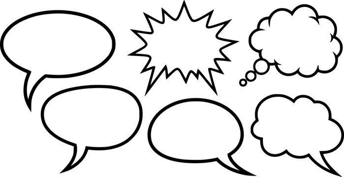 Collection of six blank speech bubbles in simple black and white illustration for communication
