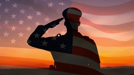 A double exposure of a soldier's silhouette saluting with the American flag waving over a sunset background - Powered by Adobe
